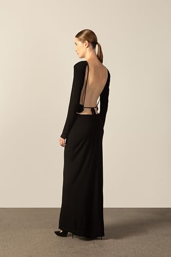 ADRIANA DEGREAS, Geometric Long-Sleeved Bare-Back Long Dress, S, Black