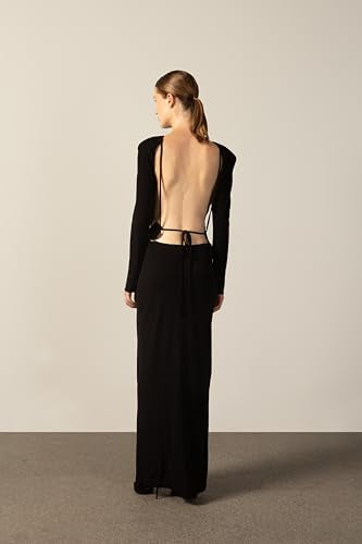 ADRIANA DEGREAS, Geometric Long-Sleeved Bare-Back Long Dress, S, Black