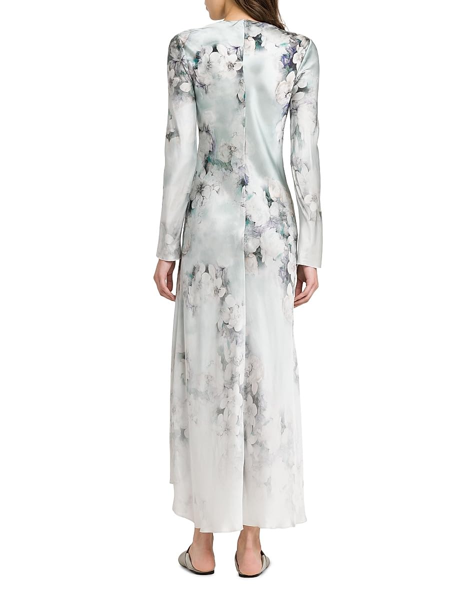 Alberta Ferretti, Floral Satin Long-Sleeve Maxi Dress, 40 (4), Multi Ice