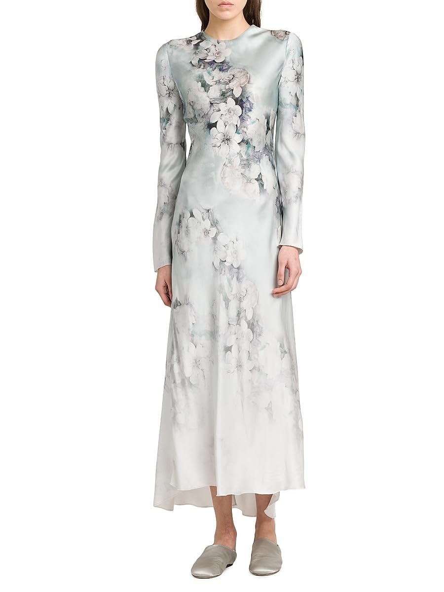Alberta Ferretti, Floral Satin Long-Sleeve Maxi Dress, 40 (4), Multi Ice