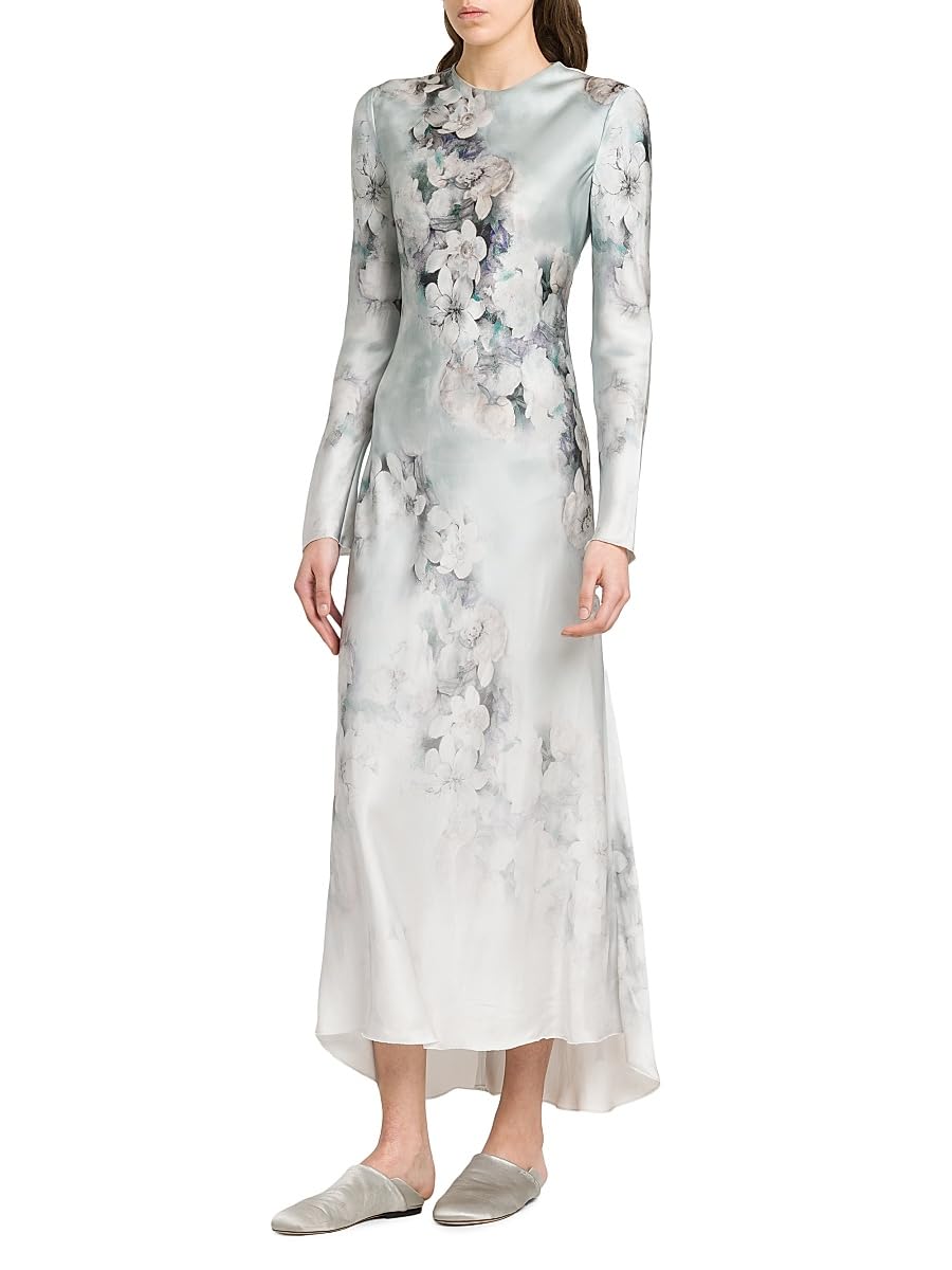 Alberta Ferretti, Floral Satin Long-Sleeve Maxi Dress, 40 (4), Multi Ice