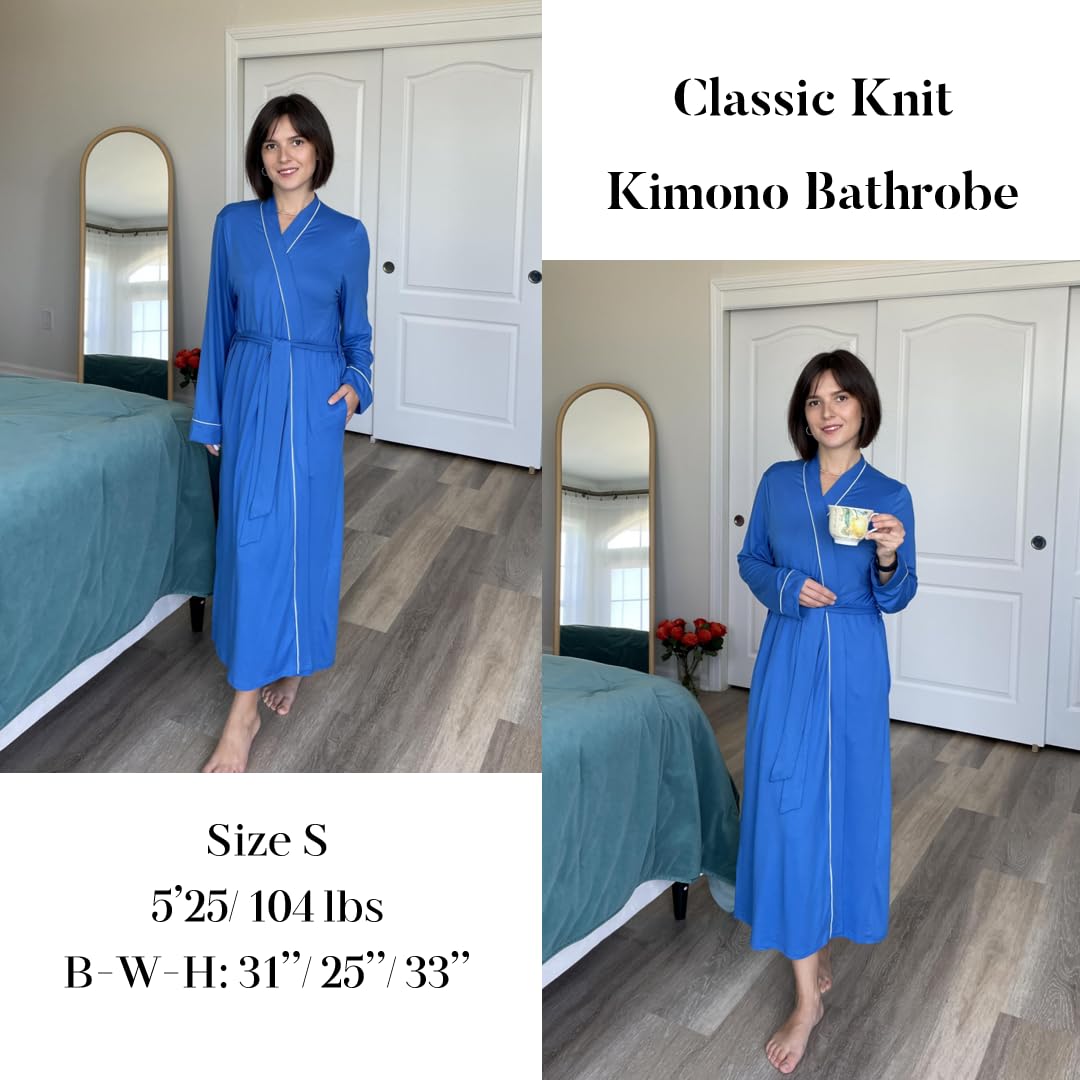 Ekouaer Womens Robes Lightweight Soft Knit Bathrobe Full Length Sleepwear with Pockets Ladies Loungewear Blue Small