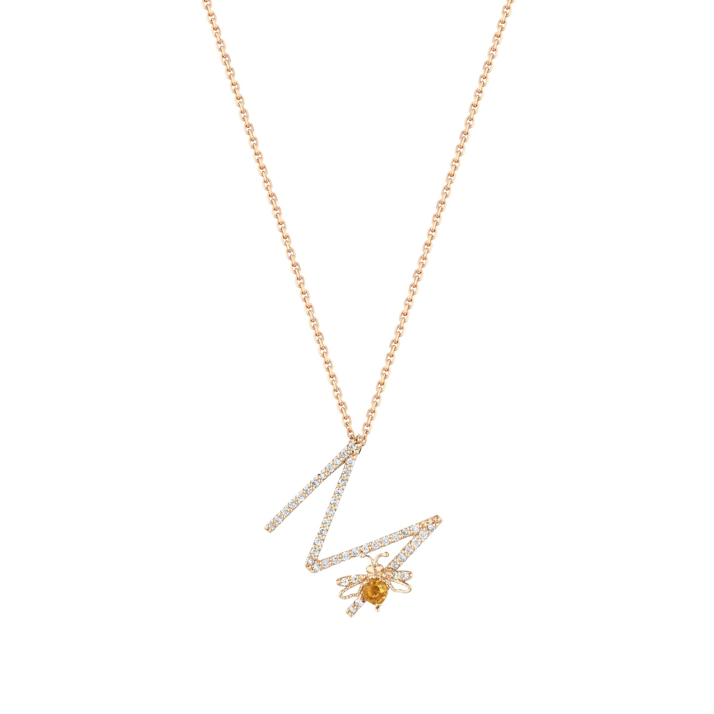 Bee Goddess, M Xs Letter Necklace, 14K Rose Gold, Peridot