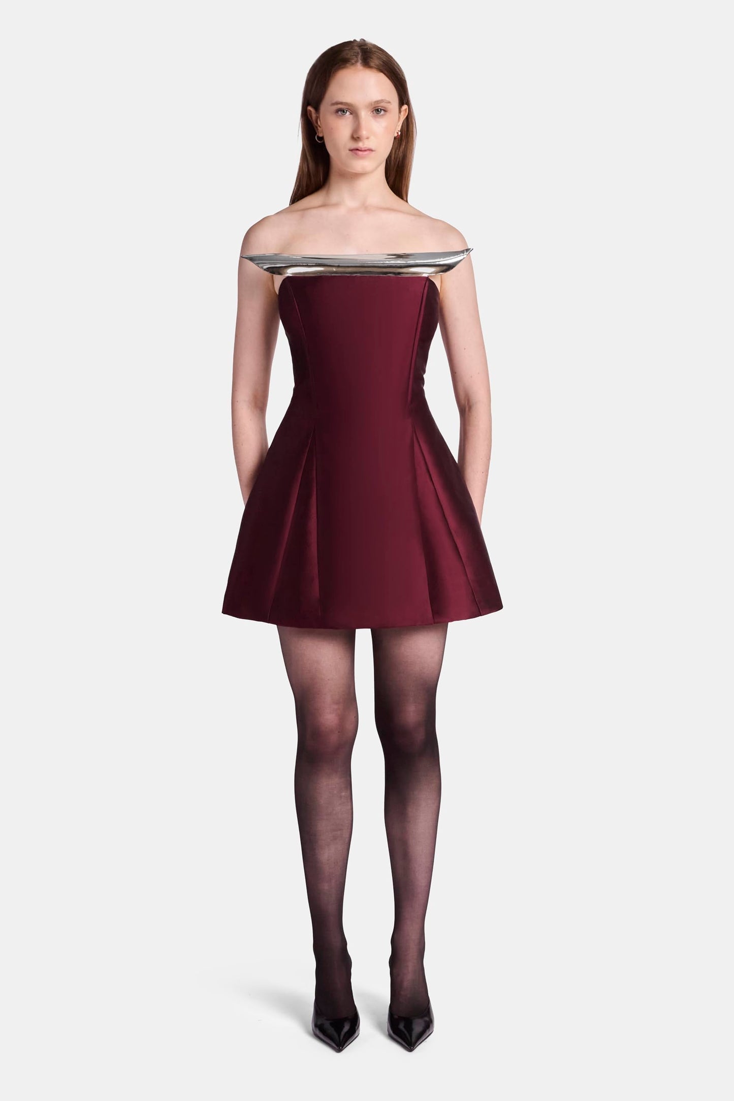 KATE BARTON, Two Tone Sculpted Mini Dress, 4, Burgundy/ Silver Chrome