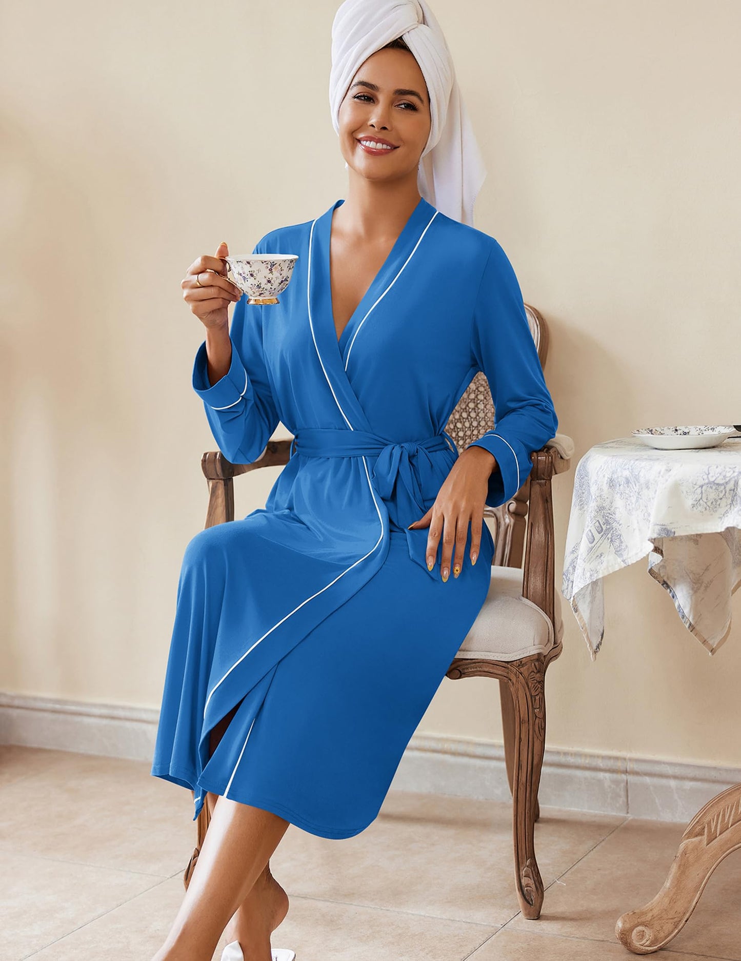Ekouaer Womens Robes Lightweight Soft Knit Bathrobe Full Length Sleepwear with Pockets Ladies Loungewear Blue Small