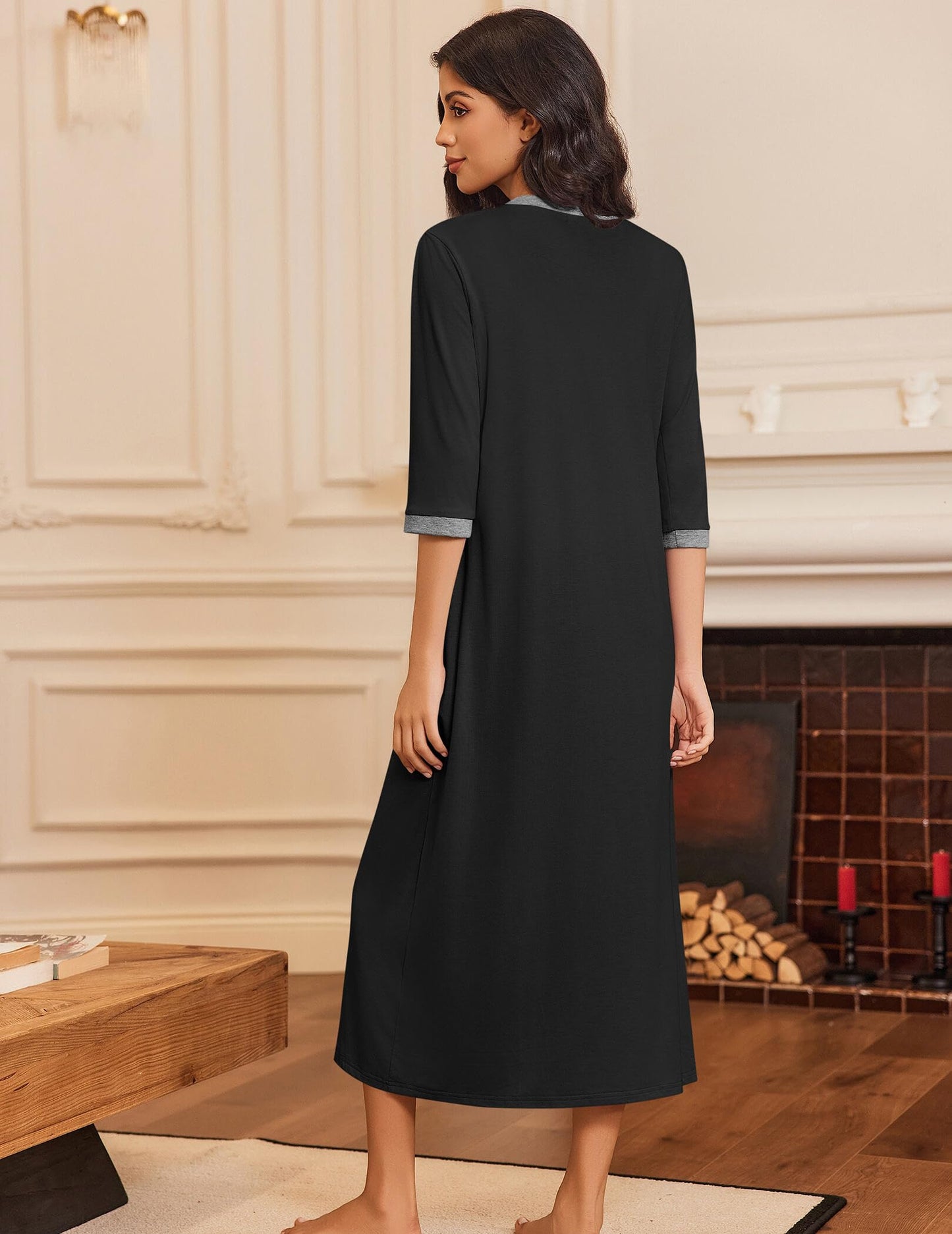 Ekouaer Women's Zipper Robe 3/4 Sleeves Housecoat Full Length Nightgown Soft Loungewear Robe with Pockets(Black, Medium)