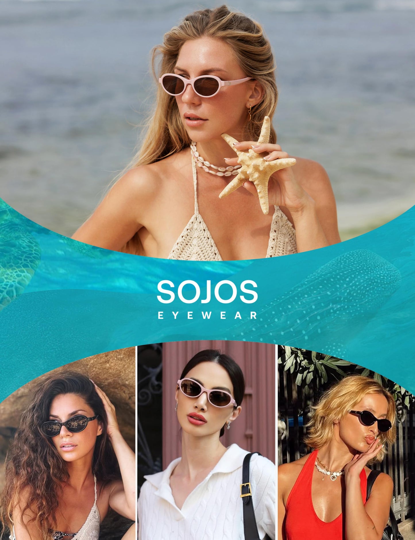 SOJOS Ocean Collection Polarized Retro Oval Small Sunglasses Womens Recycled Plastic Frame Eco-Friendly UV400, Echo, Black/Burgundy