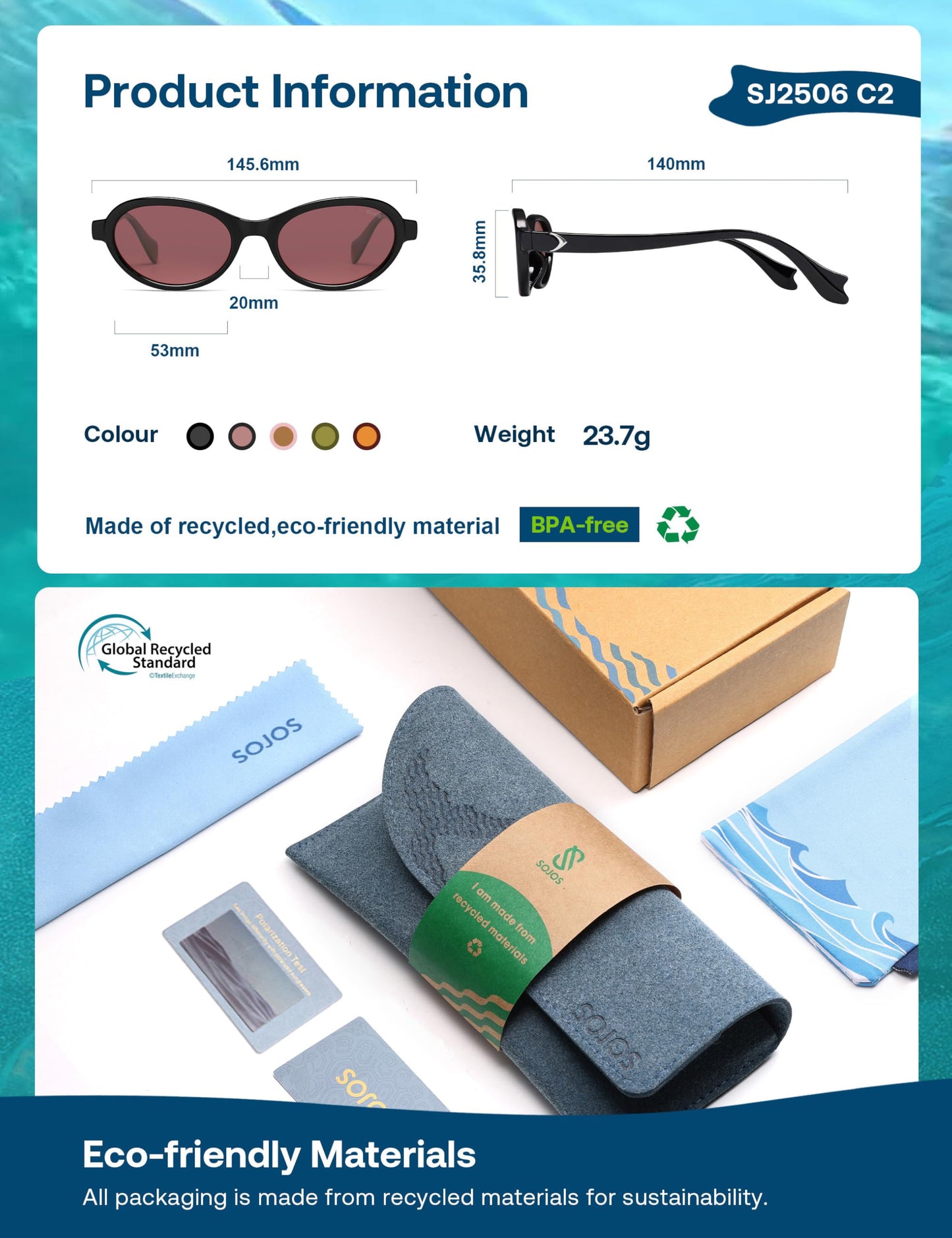 SOJOS Ocean Collection Polarized Retro Oval Small Sunglasses Womens Recycled Plastic Frame Eco-Friendly UV400, Echo, Black/Burgundy