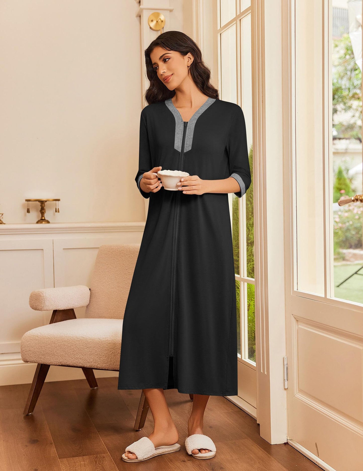 Ekouaer Women's Zipper Robe 3/4 Sleeves Housecoat Full Length Nightgown Soft Loungewear Robe with Pockets(Black, Medium)