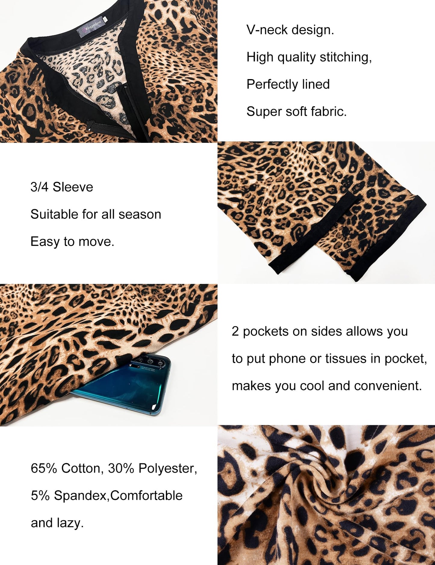 Bloggerlove Women's House Long Zip Up Half Sleeve Night Comfy Sleepwear Print Loungewear Coat Robe Dress, Long-pat2-brown Leopard, Medium