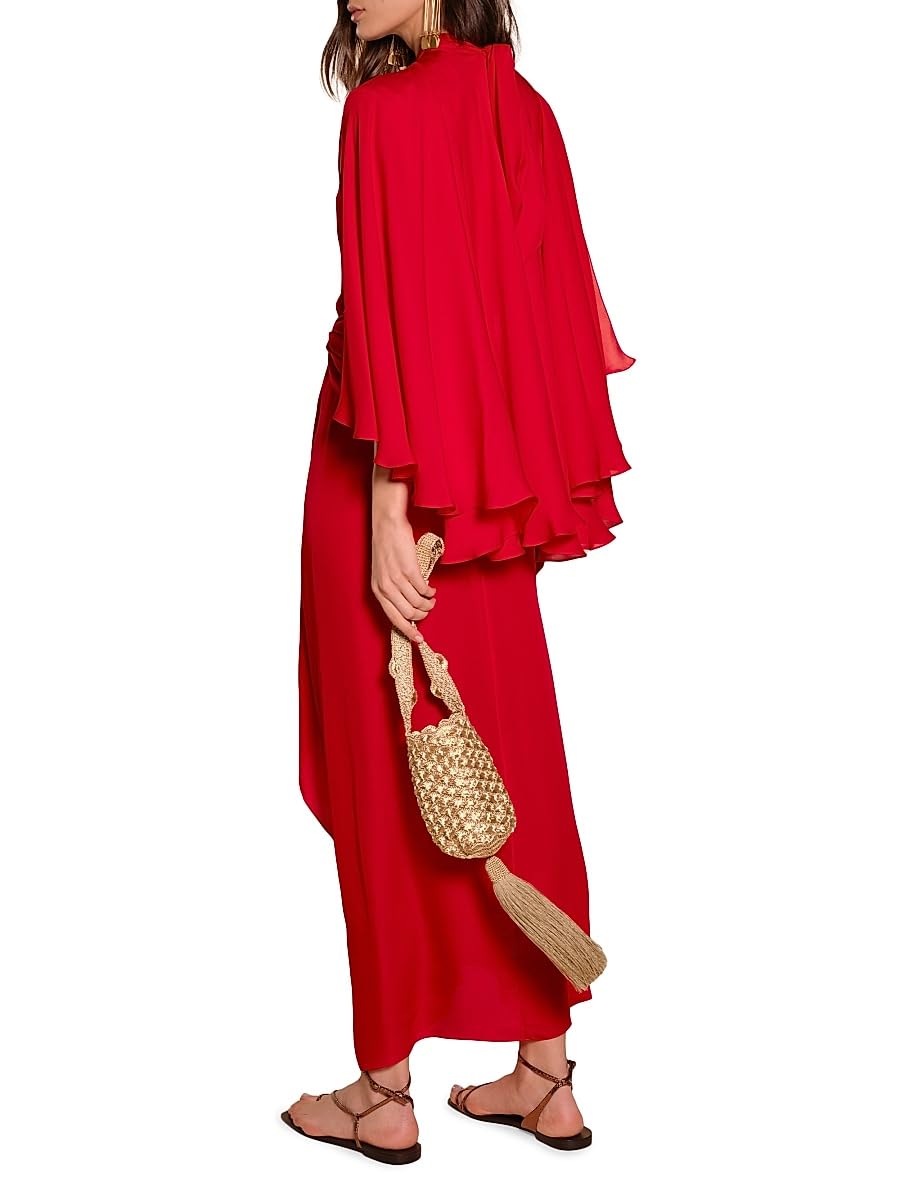 Johanna Ortiz, Micaela Cape Town Silk Capelet Maxi Dress, 0, Aztec Red