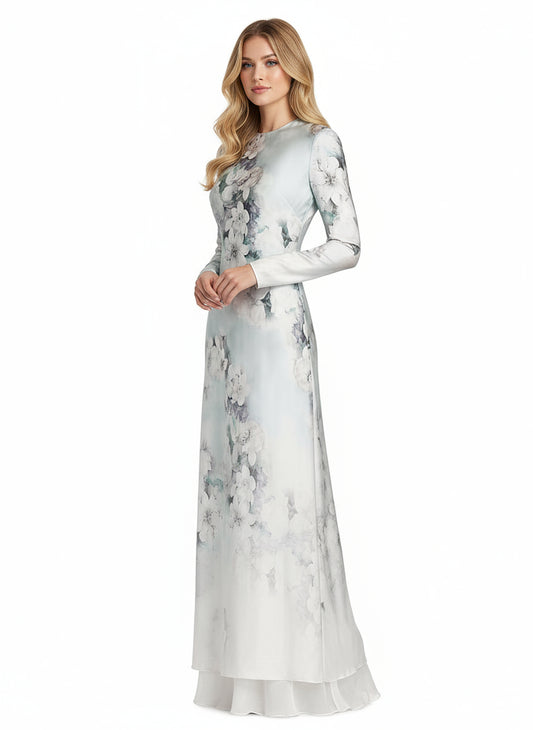 Alberta Ferretti, Floral Satin Long-Sleeve Maxi Dress, 40 (4), Multi Ice