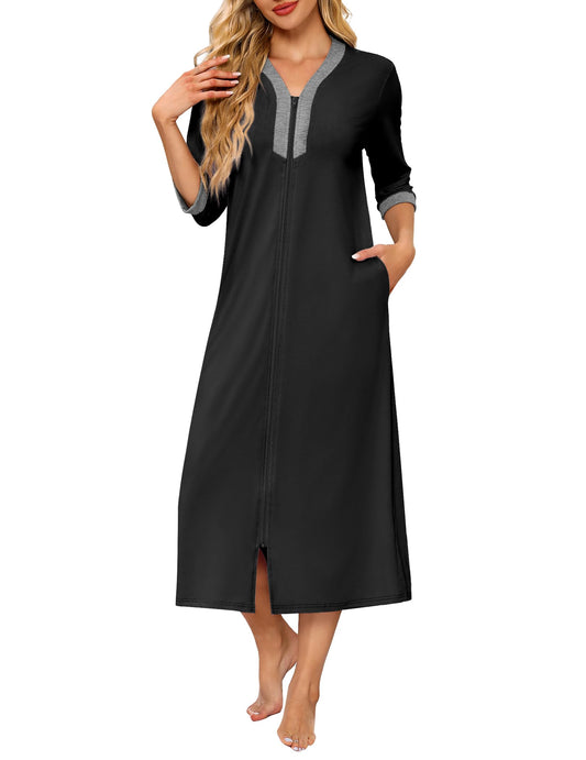 Ekouaer Women's Zipper Robe 3/4 Sleeves Housecoat Full Length Nightgown Soft Loungewear Robe with Pockets(Black, Medium)