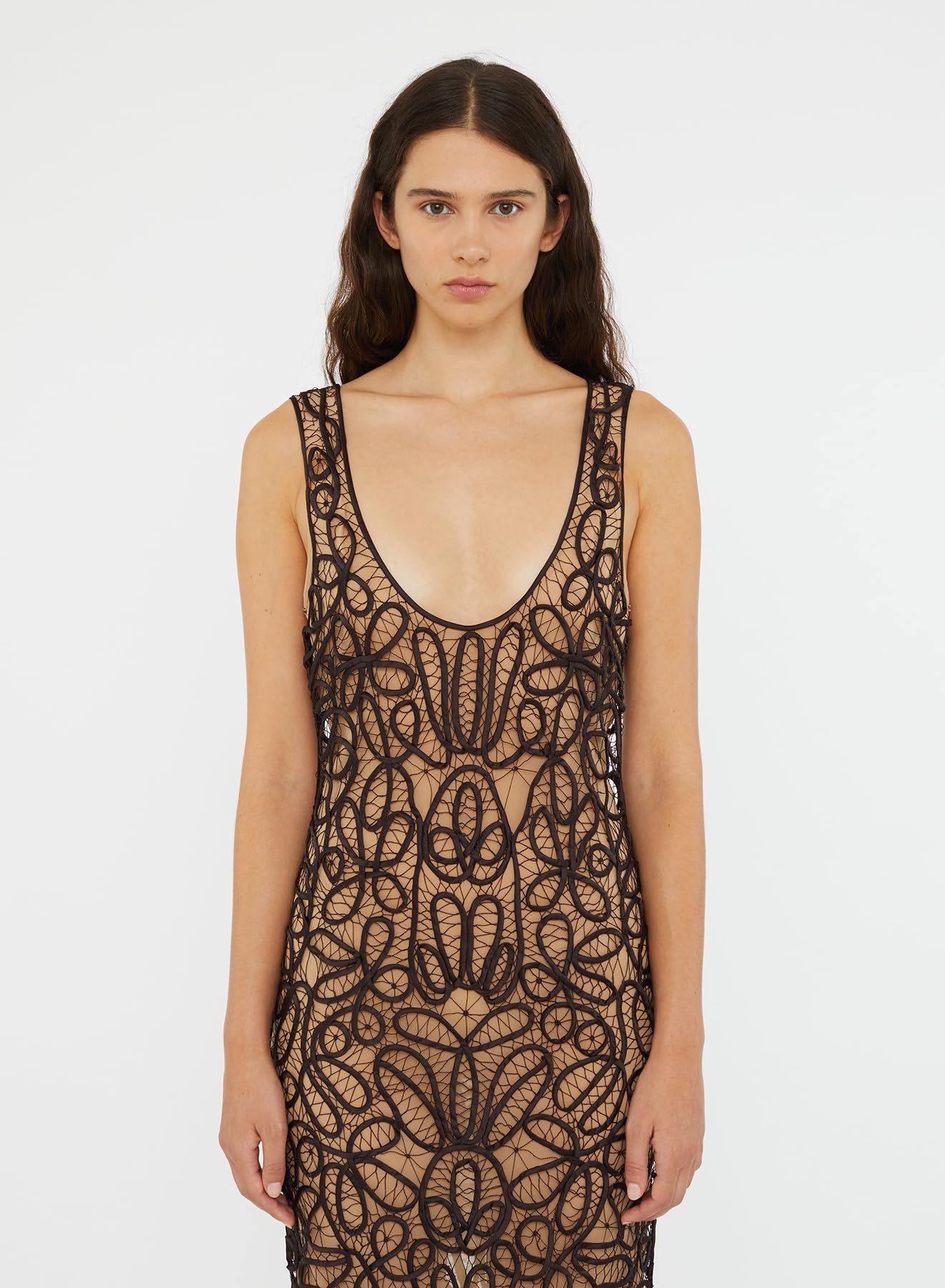 Christopher Esber, Meander Lace Tank Dress, 6, Espresso