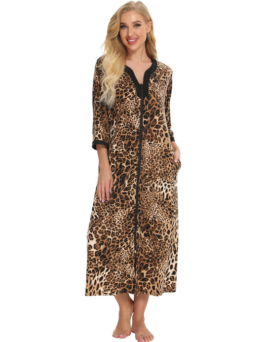 Bloggerlove Women's House Long Zip Up Half Sleeve Night Comfy Sleepwear Print Loungewear Coat Robe Dress, Long-pat2-brown Leopard, Medium
